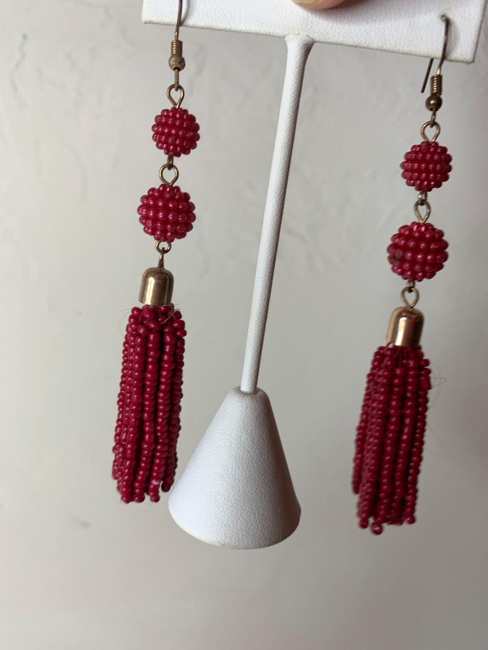 Red Seed Bead Tassel Earrings Gold  5" drop  Tassel 2"